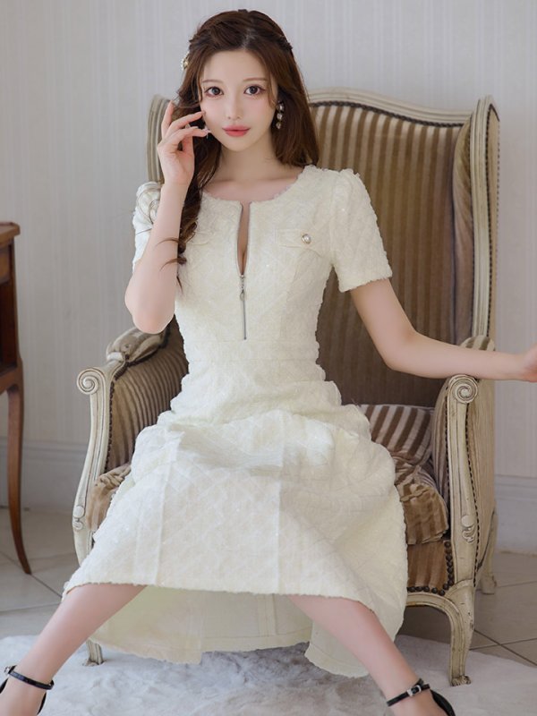 画像9: 新サイズ登場!【sifeel/シフィール】ツイードミディアムドレス/ジップアップ/パール/フレアスカート/背中隠し/キャバドレス【S-XLサイズ/1カラー】[OF01A] 【SB】dzj (9)