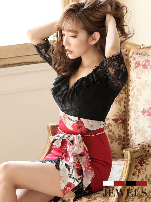 画像1: 再入荷！チェーンリボン/アシメスカート/ドッキングワンピース/キャバドレス/ミニドレス 【S-XLサイズ/1カラー】[OF03-X]【YN】dz (1)