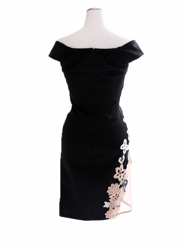 画像8: SALE!マーベラスブラックフロントオープンドレス/エンブロイダリーレース/シアー切り替え/デコルテ見せ/キャバドレス/ミニドレス【S-Mサイズ/1カラー】[OF03-U] (8)