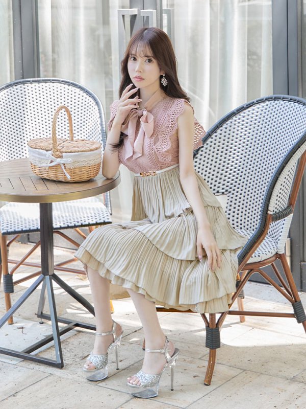 画像9: SALE!再入荷！バイカラーティアードワンピースドレス/レース/リボン/プリーツ/フレアー/ワンピース/ベルト/無地/胸元隠し/背中隠し/ミディアム丈/キャバドレス/パッド無し/【M-XLサイズ/1カラー】[OF03-X] 【YN】dz (9)