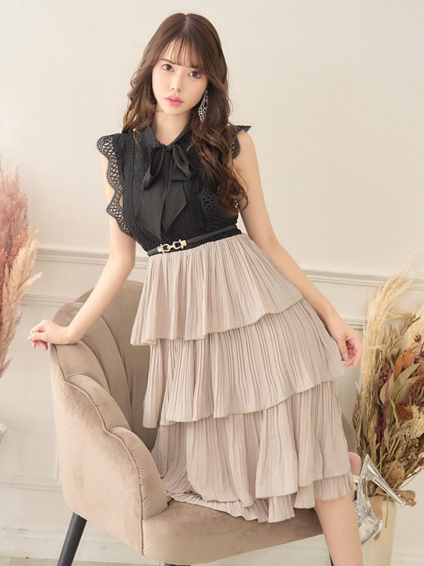 画像10: SALE!再入荷！バイカラーティアードワンピースドレス/レース/リボン/プリーツ/フレアー/ワンピース/ベルト/無地/胸元隠し/背中隠し/ミディアム丈/キャバドレス/パッド無し/【M-XLサイズ/1カラー】[OF03-X] 【YN】dz (10)