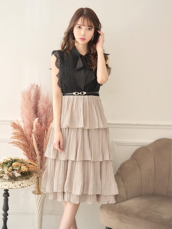 画像17: SALE!再入荷！バイカラーティアードワンピースドレス/レース/リボン/プリーツ/フレアー/ワンピース/ベルト/無地/胸元隠し/背中隠し/ミディアム丈/キャバドレス/パッド無し/【M-XLサイズ/1カラー】[OF03-X] 【YN】dz (17)