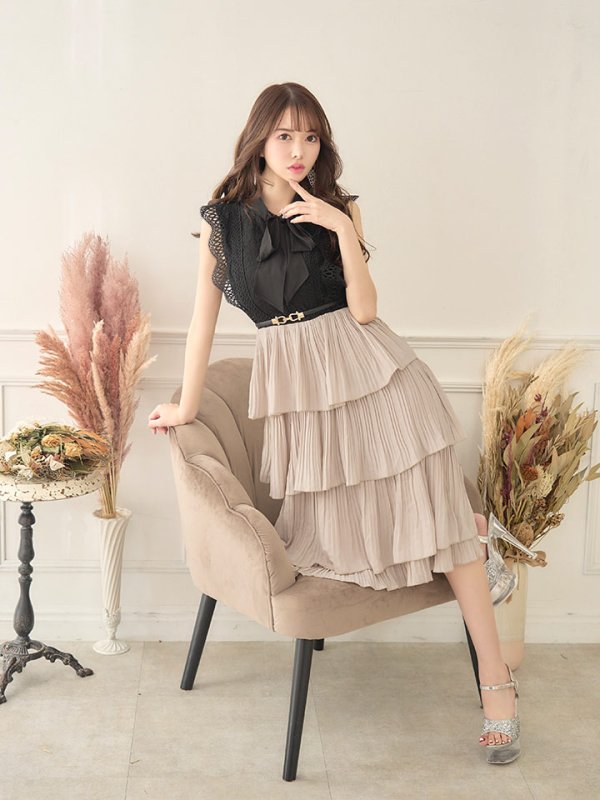 画像19: SALE!再入荷！バイカラーティアードワンピースドレス/レース/リボン/プリーツ/フレアー/ワンピース/ベルト/無地/胸元隠し/背中隠し/ミディアム丈/キャバドレス/パッド無し/【M-XLサイズ/1カラー】[OF03-X] 【YN】dz (19)