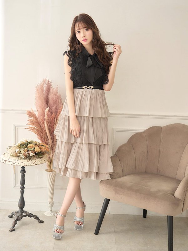 画像20: SALE!再入荷！バイカラーティアードワンピースドレス/レース/リボン/プリーツ/フレアー/ワンピース/ベルト/無地/胸元隠し/背中隠し/ミディアム丈/キャバドレス/パッド無し/【M-XLサイズ/1カラー】[OF03-X] 【YN】dz (20)