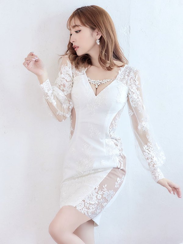 画像5: 選べる袖ドレス/フェイクシアー/ビジュー/スリットドレス /透け /刺繍/谷間見せ /ミニドレス /キャバドレス【S-Lサイズ/2タイプ】[OF03-X] 【YN】 (5)