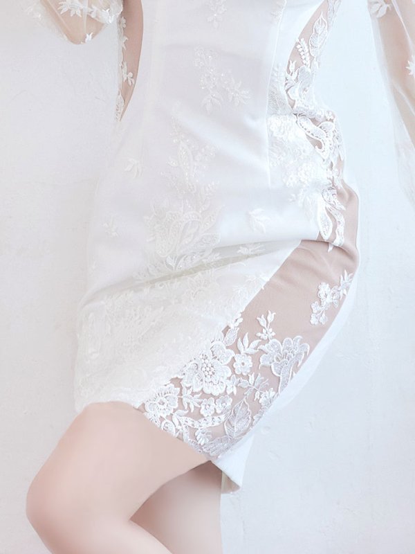 画像7: 選べる袖ドレス/フェイクシアー/ビジュー/スリットドレス /透け /刺繍/谷間見せ /ミニドレス /キャバドレス【S-Lサイズ/2タイプ】[OF03-X] 【YN】 (7)