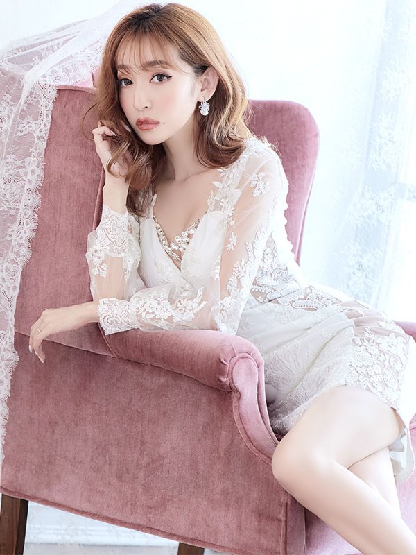 画像11: 選べる袖ドレス/フェイクシアー/ビジュー/スリットドレス /透け /刺繍/谷間見せ /ミニドレス /キャバドレス【S-Lサイズ/2タイプ】[OF03-X] 【YN】 (11)