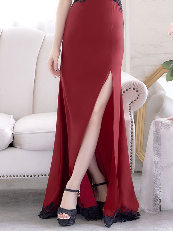 画像7: 花柄刺繍スピンドルスリットロングドレス /キャミソール/ノースリーブ/刺繍/透け/谷間見せ/タイト/ロングドレス /キャバドレス【S-Mサイズ/3カラー】[HC02] dzw (7)