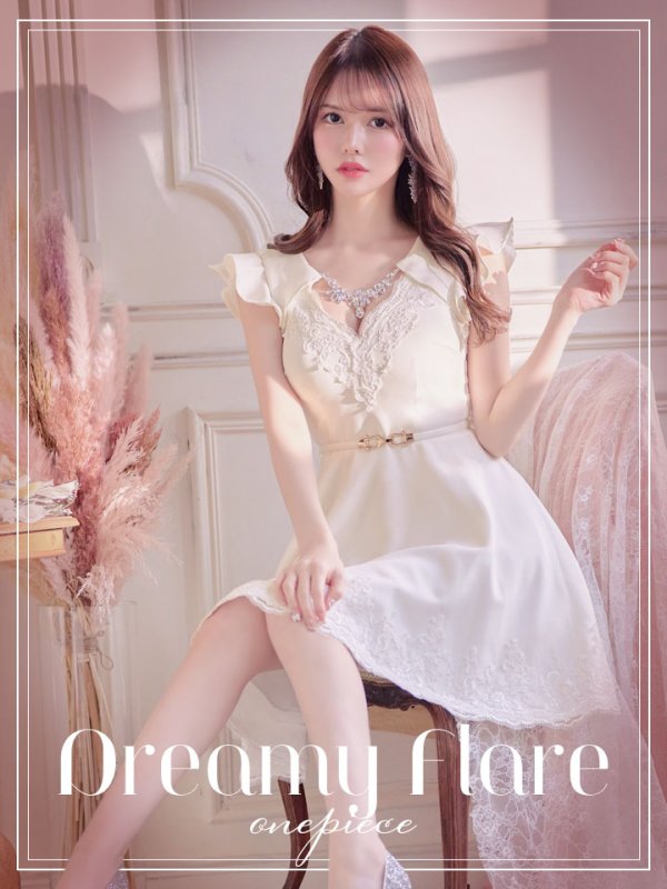 画像1: SALE!ホワイトレースフレアードレス/レース/ビジュー/ベルト/無地/ワンカラー/谷間見せ/フレアー/ミニドレス/キャバドレス【S-Lサイズ/1カラー】[OF03-X] 【YN】dz (1)