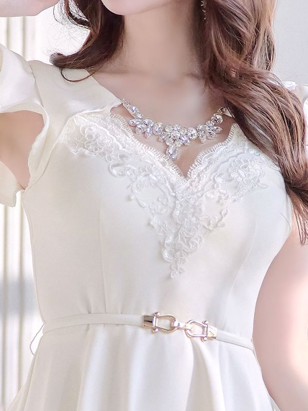 画像5: SALE!ホワイトレースフレアードレス/レース/ビジュー/ベルト/無地/ワンカラー/谷間見せ/フレアー/ミニドレス/キャバドレス【S-Lサイズ/1カラー】[OF03-X] 【YN】dz (5)