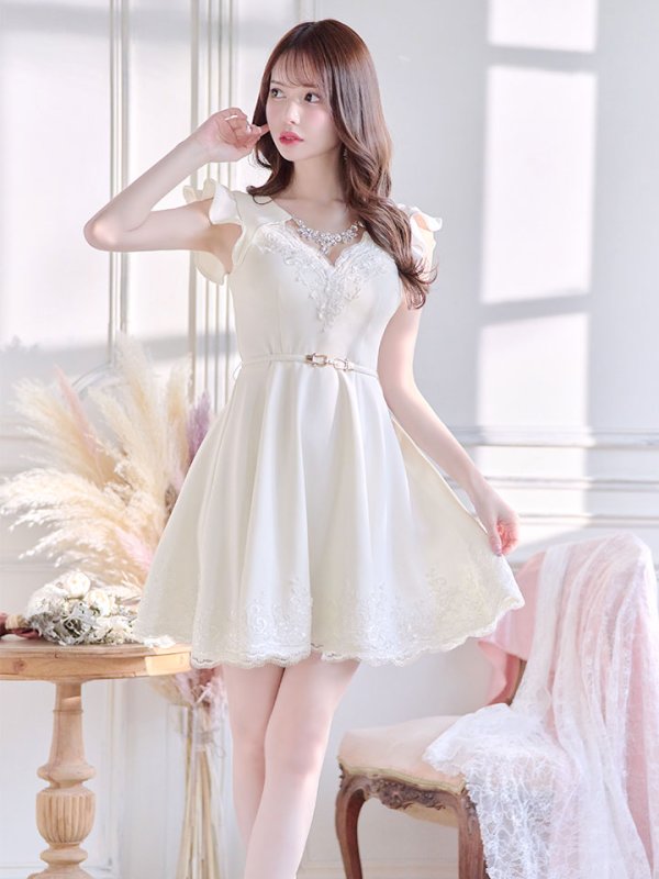 画像9: SALE!ホワイトレースフレアードレス/レース/ビジュー/ベルト/無地/ワンカラー/谷間見せ/フレアー/ミニドレス/キャバドレス【S-Lサイズ/1カラー】[OF03-X] 【YN】dz (9)