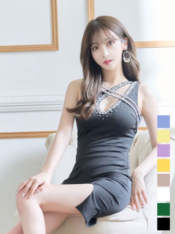 画像4: SALE!【新色登場！】ワンショルダーデコルテビジュードレス/ワンカラー/ストレッチ/ノースリーブ/谷間魅せ/タイト/ミニドレス/キャバドレス【S-Mサイズ/5カラー】[HC02-U] 【YN】dzw (4)