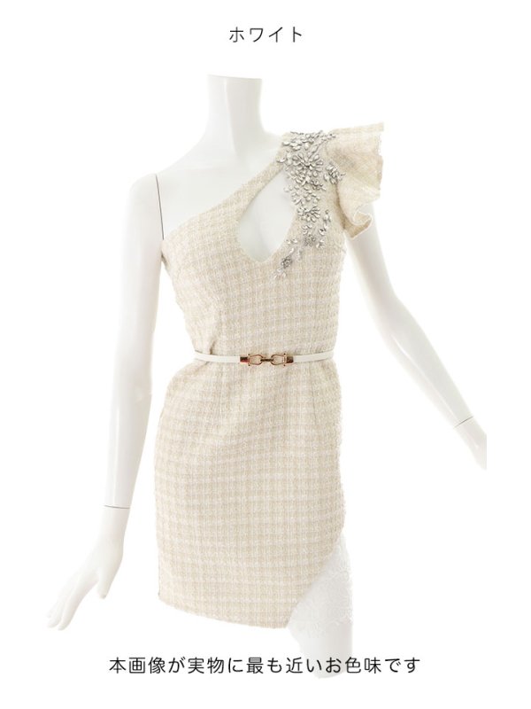 画像14: SALE!再入荷！ワンショルダーデコルテ刺繍ドレス/ツイード/フェイクスリット/ベルト/タイトスカート/上品/華やか/谷間魅せ/ミニドレス/キャバドレス【S-Lサイズ/2カラー】[OF03-X] 【YN】 (14)