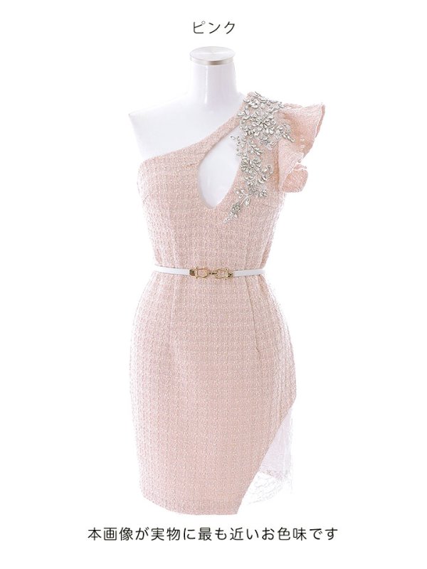 画像15: SALE!再入荷！ワンショルダーデコルテ刺繍ドレス/ツイード/フェイクスリット/ベルト/タイトスカート/上品/華やか/谷間魅せ/ミニドレス/キャバドレス【S-Lサイズ/2カラー】[OF03-X] 【YN】 (15)