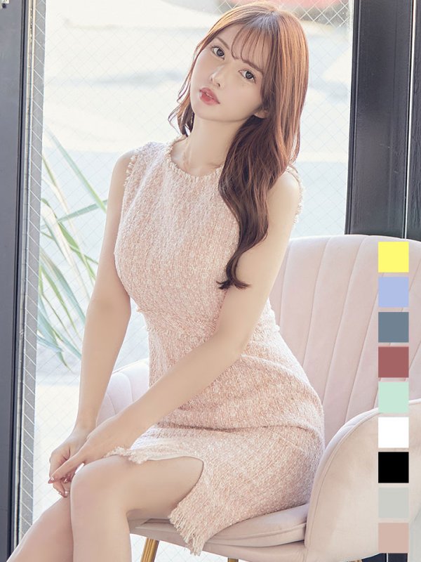 画像2: SALE!ノースリーブツイードドレス/スリット/胸元隠し/背中隠し/ミニドレス/キャバドレス/ワンピース【S-Lサイズ/9カラー】[OF03] 【YN】 (2)