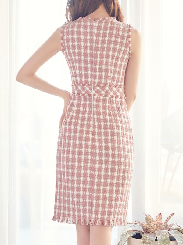 画像8: SALE!ツイードノースリーブワンピースドレス/チェック柄/ツイード/ノースリーブ/胸元隠し/背中隠し/ミディアム丈/タイト/キャバドレス/ミディアムドレス【S-Lサイズ/3カラー】[OF03] 【YN】dz (8)