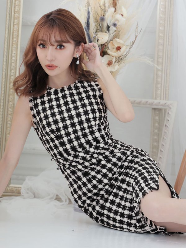 画像9: SALE!ツイードノースリーブワンピースドレス/チェック柄/ツイード/ノースリーブ/胸元隠し/背中隠し/ミディアム丈/タイト/キャバドレス/ミニドレス【S-Lサイズ/3カラー】[OF03] 【YN】dz (9)