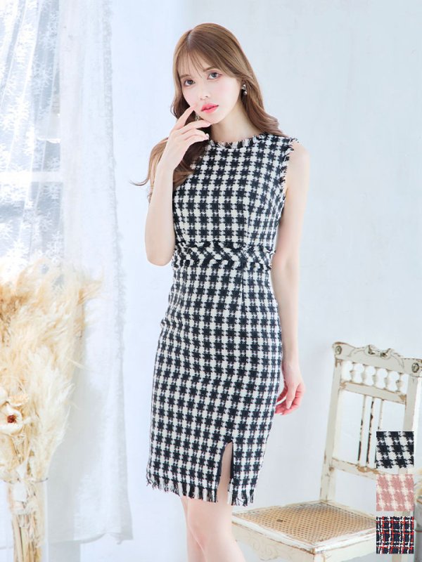 画像1: SALE!ツイードノースリーブワンピースドレス/チェック柄/ツイード/ノースリーブ/胸元隠し/背中隠し/ミディアム丈/タイト/キャバドレス/ミニドレス【S-Lサイズ/3カラー】[OF03] 【YN】dz (1)
