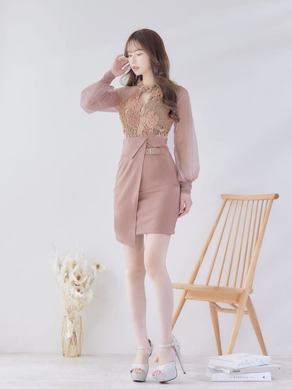 画像15: SALE!花柄刺繍レイヤードドレス/チュール/ベルト/ホルターネック/バストカット/谷間見せ/タイト/ミディアム丈/ミニドレス/キャバドレス【S-XLサイズ/1カラー】[HC02] 【YN】dzw (15)