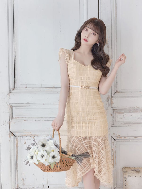 画像11: 【sifeel/シフィール】チェック柄レース/フリル/ベルト付/背中隠し/ワンピース/マーメイドスカート/キャバドレス/ミディアムドレス【S-XLサイズ/2カラー】[OF03-X] 【YN】 (11)