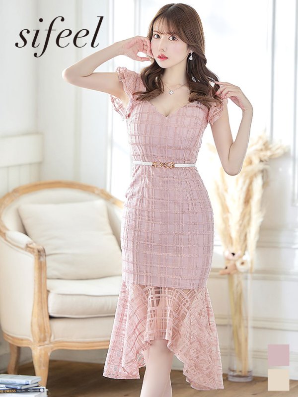 画像1: 【sifeel/シフィール】チェック柄レース/フリル/ベルト付/背中隠し/ワンピース/マーメイドスカート/キャバドレス/ミディアムドレス【S-XLサイズ/2カラー】[OF03-X] 【YN】 (1)