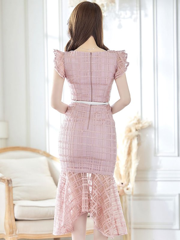 画像7: 【sifeel/シフィール】チェック柄レース/フリル/ベルト付/背中隠し/ワンピース/マーメイドスカート/キャバドレス/ミディアムドレス【S-XLサイズ/2カラー】[OF03-X] 【YN】 (7)