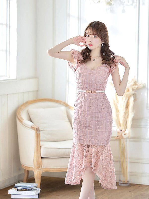 画像10: 【sifeel/シフィール】チェック柄レース/フリル/ベルト付/背中隠し/ワンピース/マーメイドスカート/キャバドレス/ミディアムドレス【S-XLサイズ/2カラー】[OF03-X] 【YN】 (10)