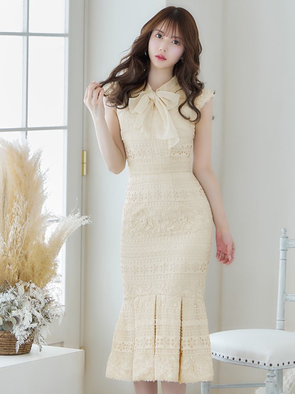 画像2: SALE!Lサイズあり!! マーメイド/ リボンネック/ フラワーレース/ ノースリーブ/ ワンピース/ ミモレ丈/ タイト/ ミディアムドレス/ キャバドレス/パッド無し/[OF03-X] (2)