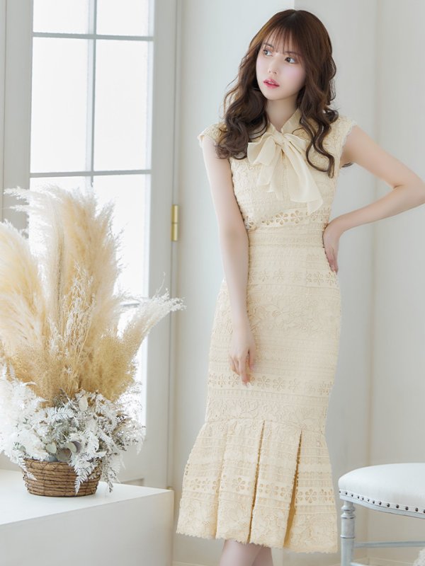 画像6: SALE!Lサイズあり!! マーメイド/ リボンネック/ フラワーレース/ ノースリーブ/ ワンピース/ ミモレ丈/ タイト/ ミディアムドレス/ キャバドレス/パッド無し/[OF03-X] (6)