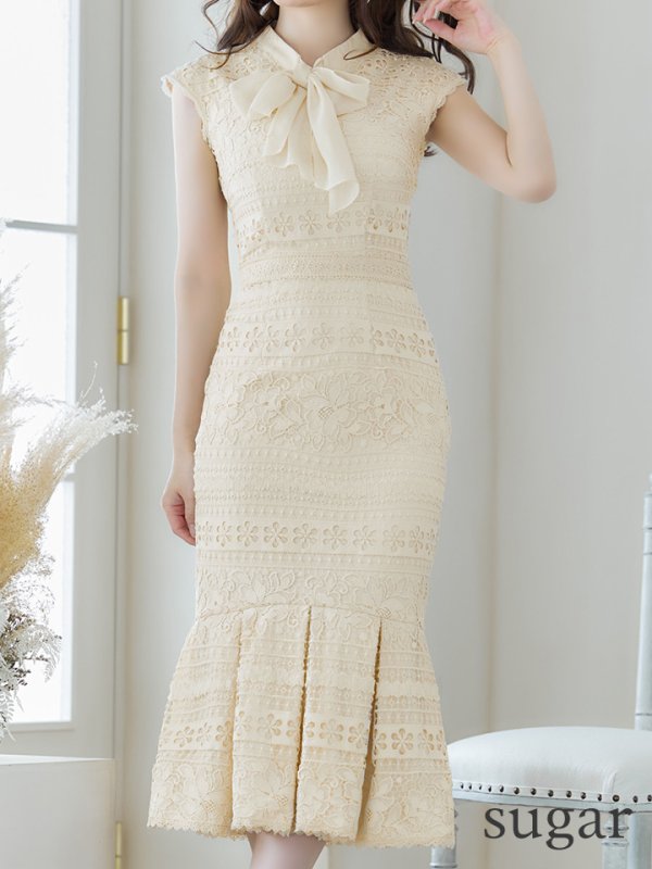 画像8: SALE!Lサイズあり!! マーメイド/ リボンネック/ フラワーレース/ ノースリーブ/ ワンピース/ ミモレ丈/ タイト/ ミディアムドレス/ キャバドレス/パッド無し/[OF03-X] (8)