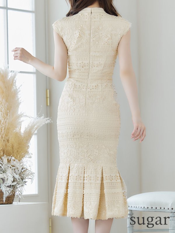 画像9: SALE!Lサイズあり!! マーメイド/ リボンネック/ フラワーレース/ ノースリーブ/ ワンピース/ ミモレ丈/ タイト/ ミディアムドレス/ キャバドレス/パッド無し/[OF03-X] (9)