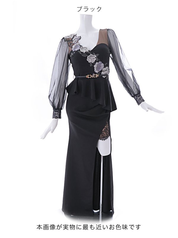 画像20: 新色登場!花柄刺繍ぺプラムロングドレス/チュール/レース/スリット/ベルト/谷間見せ/ロングドレス/キャバドレス【S-XLサイズ/4カラー】[HC02-X] 【YN】dzw (20)