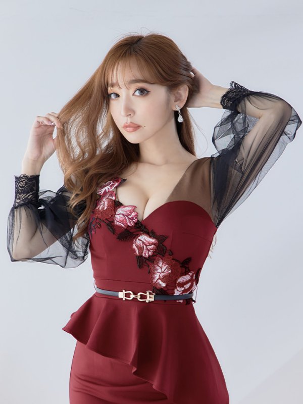 画像13: 新色登場!花柄刺繍ぺプラムロングドレス/チュール/レース/スリット/ベルト/谷間見せ/ロングドレス/キャバドレス【S-XLサイズ/4カラー】[HC02-X] 【YN】dzw (13)