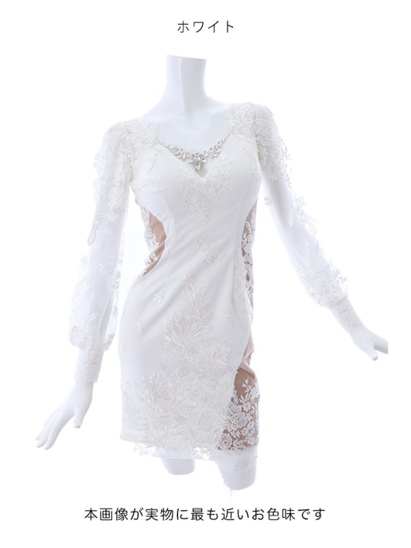 画像16: 選べる袖ドレス/フェイクシアー/ビジュー/スリットドレス /透け /刺繍/谷間見せ /ミニドレス /キャバドレス【S-Lサイズ/2タイプ】[OF03-X] 【YN】 (16)