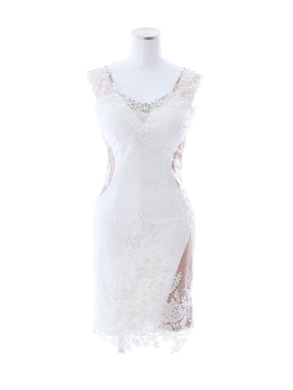 画像15: 選べる袖ドレス/フェイクシアー/ビジュー/スリットドレス /透け /刺繍/谷間見せ /ミニドレス /キャバドレス【S-Lサイズ/2タイプ】[OF03-X] 【YN】 (15)