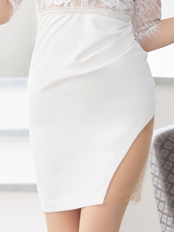 画像4: SALE!刺繍レースドレス/シアー/半袖/谷間見せ/背中見せ/タトゥー隠し/ミニドレス/キャバドレス 【S-XLサイズ/1カラー】[HC02-U] 【YN】dzw (4)