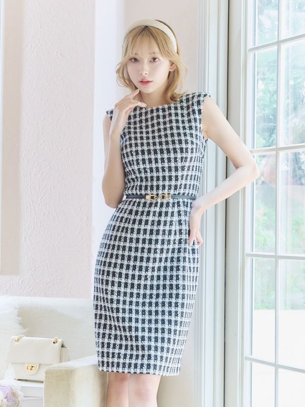 画像3: SALE!ノースリーブツイード柄ミディアムドレス/ツイード/ベルト/胸元隠し/背中隠し/タイト/キャバドレス/ミニドレス【S-Lサイズ/1カラー】[HC02X] 【YN】dzj (3)