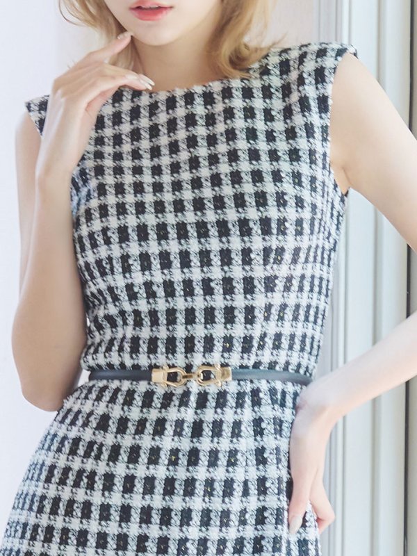 画像4: SALE!ノースリーブツイード柄ミディアムドレス/ツイード/ベルト/胸元隠し/背中隠し/タイト/キャバドレス/ミニドレス【S-Lサイズ/1カラー】[HC02X] 【YN】dzj (4)