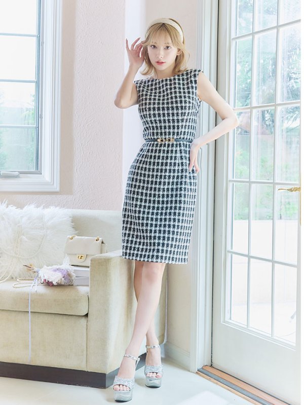 画像8: SALE!ノースリーブツイード柄ミディアムドレス/ツイード/ベルト/胸元隠し/背中隠し/タイト/キャバドレス/ミニドレス【S-Lサイズ/1カラー】[HC02X] 【YN】dzj (8)