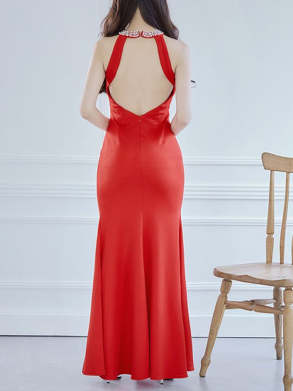 画像17: SALE!ホルターネックロングドレス/ワンカラー/シアー/ビジュー/ノースリーブ/背中見せ/谷間見せ/ロングドレス/キャバドレス 【S-Lサイズ/2カラー】[HC02-X] 【YN】dzk (17)