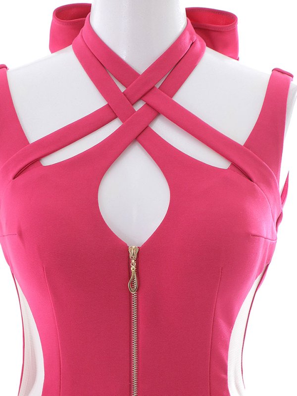 画像17: SALE!ホルタークロスネックワンカラードレス/フロントファスナー/バックリボン/カットアウト/ノースリーブ/無地/ストレッチ/サイドシアー/谷間見せ/タイト/ミニドレス/キャバドレス【S-Mサイズ/2カラー】[HC02] 【YN】dzw (17)