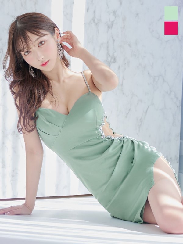 画像1: SALE!ビジューキャミソールサイドシアードレス/ストレッチ/無地/谷間見せ/サイドシアー/タイト/ミニドレス/キャバドレス【S-Mサイズ/2カラー】[OF03] 【YN】dzw (1)