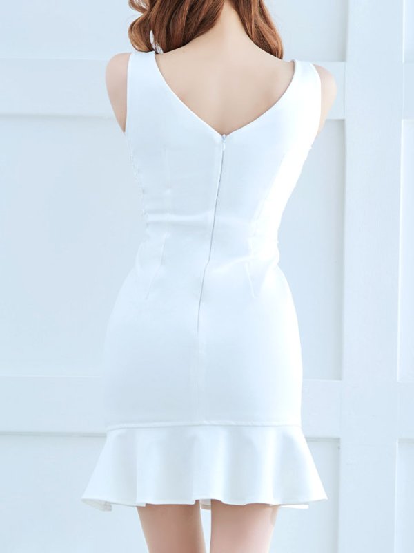 画像6: 刺繍レースフリルドレス/マーメイド/ノースリーブ/フリル/タイト/谷間見せ/ミニドレス/キャバドレス 【XS-Mサイズ/1カラー】[HC02] 【YN】dzw (6)