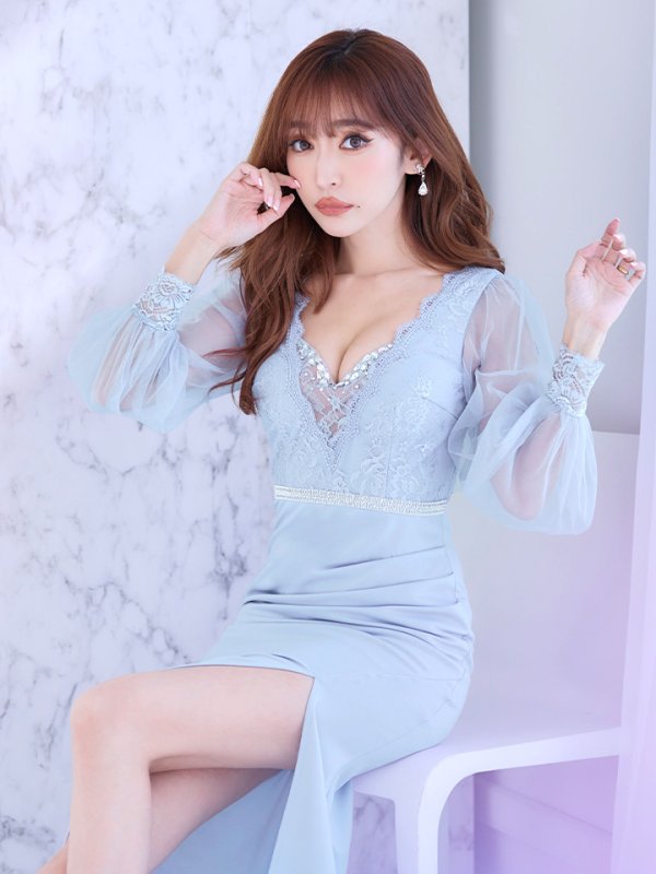 画像25: 【送料無料！】新色登場！刺繍ボリュームシアーチュールスリーブドレス/刺繍レース/ビジュー/谷間見せ/ロングドレス/キャバドレス【S-Lサイズ/4カラー】[HC02]  【YN】dzw (25)