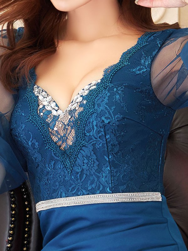 画像7: 【送料無料！】新色登場！刺繍ボリュームシアーチュールスリーブドレス/刺繍レース/ビジュー/谷間見せ/ロングドレス/キャバドレス【S-Lサイズ/4カラー】[HC02]  【YN】dzw (7)