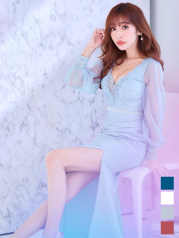 画像5: 【送料無料！】新色登場！刺繍ボリュームシアーチュールスリーブドレス/刺繍レース/ビジュー/谷間見せ/ロングドレス/キャバドレス【S-Lサイズ/4カラー】[HC02]  【YN】dzw (5)