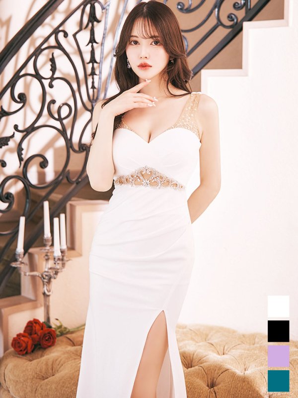 画像1: 【送料無料！】シアービジューノースリーブロングドレス/透け感/無地/ビジュー/谷間見せ/ロングドレス/キャバドレス【S-Lサイズ/4カラー】[HC02] 【YN】dzw (1)