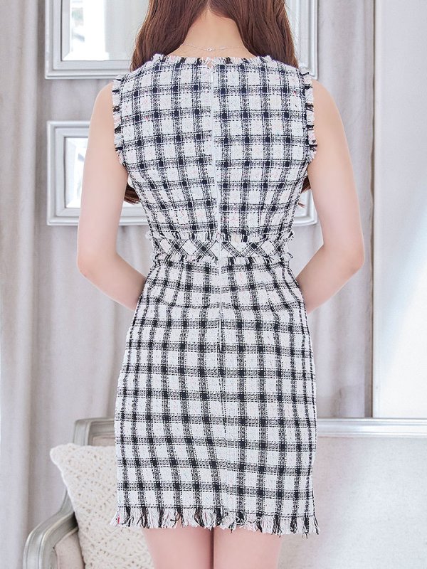 画像7: SALE!チェックツイードワンピースドレス/ノースリーブ/スリット/胸元隠し/背中隠し/タイト/ミディアムドレス/キャバドレス/ミニドレス【S-Lサイズ/2カラー】[HC02-X]【YN】dzw (7)