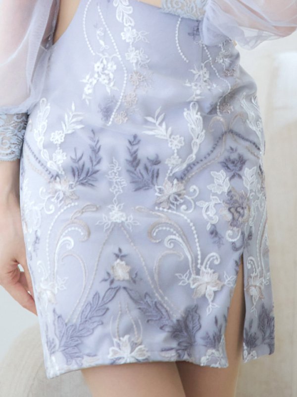 画像6: 花柄刺繍レースサイドシアードレス/チュールスリーブ/ビジュー/肌魅せ/谷間見せ/タイト/ミニドレス/キャバドレス【S-Lサイズ/1カラー】[OF08-U] 【YN】dzwj (6)
