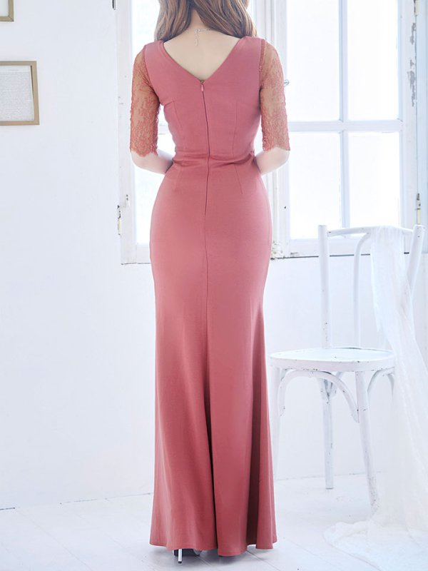 画像14: SALE!フェイクシアーロングドレス/レース/ワンカラー/ビジュー/谷間見せ/五分袖/ロングドレス/キャバドレス 【S-Lサイズ/2カラー】[HC02]【YN】dzj (14)